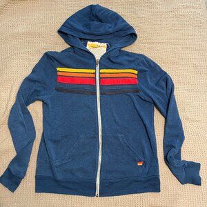 $189 AVIATOR NATION 5 Stripe Blue Zip Up Sweatshirt Hoodie Size S Vintage